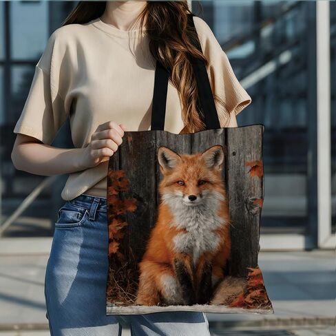 Casual Fox & Autumn Leaves Canvas Tote Bag, Durable Reusable Foldable Handbag, Reusable Grocery and Shoulder Bags for Women, Funny Shoulder Bag for Shopping Work Travel Beach in Saudi Arabia