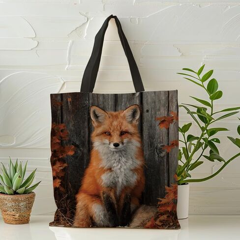 Casual Fox & Autumn Leaves Canvas Tote Bag, Durable Reusable Foldable Handbag, Reusable Grocery and Shoulder Bags for Women, Funny Shoulder Bag for Shopping Work Travel Beach in Saudi Arabia
