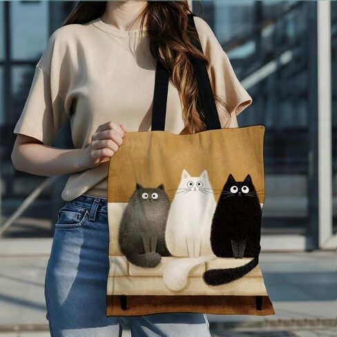 Cartoon Fluffy Three Kittens Canvas Tote Bag, Shoulder Shopping Bag, Reusable Fashion Bags, Funny Totes for Shopping Work Travel Beach, Cat Lover Gift in Saudi Arabia