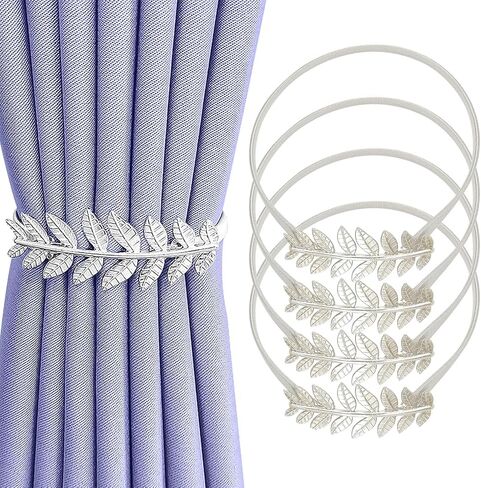4 Pack Aluminum Alloy Spring Curtain Ties Holdback, Sliver Leaf Carving Curtain Tiebacks, for Drapes Modern Style Curtain Holdback Decor in Kuwait