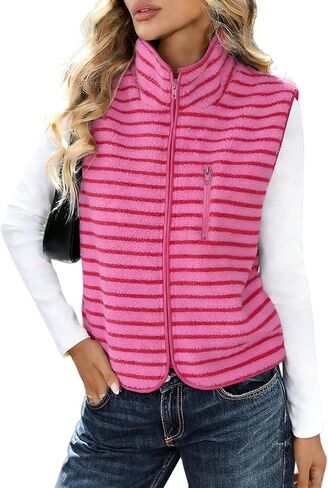 Womens Sherpa Vest Fleece Jacket Fashion 2026 Spring Clothes Sleeveless Zip Up Striped Lightweight Outerwear in Saudi Arabia