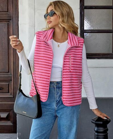 Womens Sherpa Vest Fleece Jacket Fashion 2026 Spring Clothes Sleeveless Zip Up Striped Lightweight Outerwear in Saudi Arabia