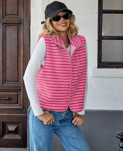 Womens Sherpa Vest Fleece Jacket Fashion 2026 Spring Clothes Sleeveless Zip Up Striped Lightweight Outerwear in Saudi Arabia
