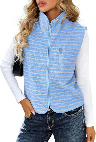 Womens Sherpa Vest Fleece Jacket Fashion 2026 Spring Clothes Sleeveless Zip Up Striped Lightweight Outerwear in Saudi Arabia