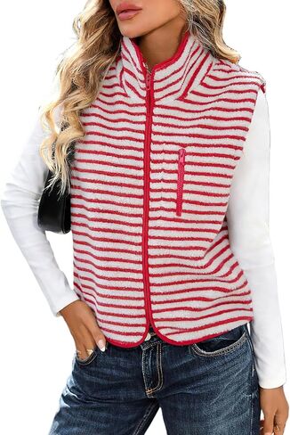 Womens Sherpa Vest Fleece Jacket Fashion 2026 Spring Clothes Sleeveless Zip Up Striped Lightweight Outerwear in Saudi Arabia