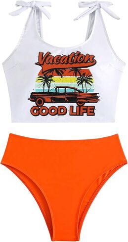 Verdusa Women's 2 Piece Graphic Tankini Sets Tie Shoulder Crop Tank Tops with Panty Tropical Vacation Outfits in Saudi Arabia