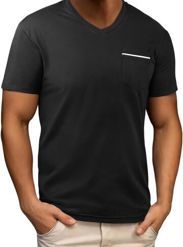 Mens Short Sleeve T-Shirts Casual Solid Color V Neck Basic Tee Summer Beach Tops with Pocket in Saudi Arabia