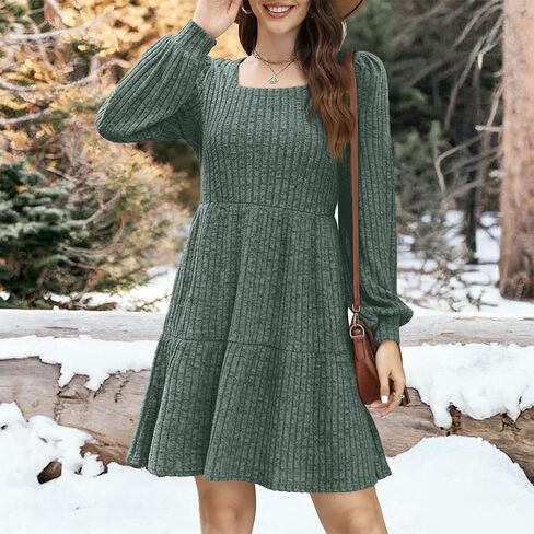 Square Neck Long Sleeve Sweater Dress - Casual Dress in Saudi Arabia