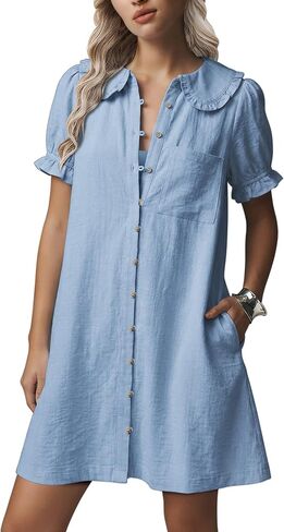 Theenkoln Womens Button Down Mini Dress:Oversized Peter Pan Collar Short Sleeve Flowy Baby Doll Dresses with Belt in Saudi Arabia