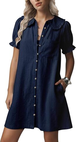 Theenkoln Womens Button Down Mini Dress:Oversized Peter Pan Collar Short Sleeve Flowy Baby Doll Dresses with Belt in Saudi Arabia