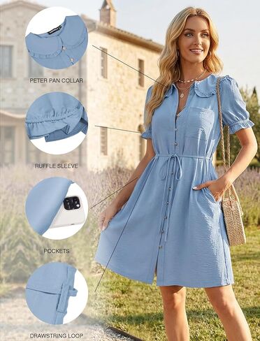 Theenkoln Womens Button Down Mini Dress:Oversized Peter Pan Collar Short Sleeve Flowy Baby Doll Dresses with Belt in Saudi Arabia