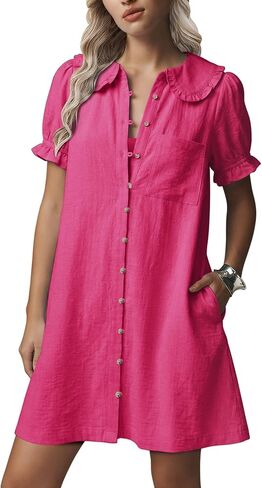 Theenkoln Womens Button Down Mini Dress:Oversized Peter Pan Collar Short Sleeve Flowy Baby Doll Dresses with Belt in Saudi Arabia