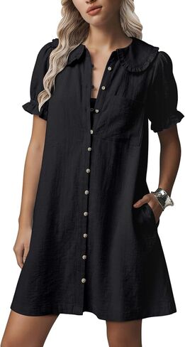 Theenkoln Womens Button Down Mini Dress:Oversized Peter Pan Collar Short Sleeve Flowy Baby Doll Dresses with Belt in Kuwait