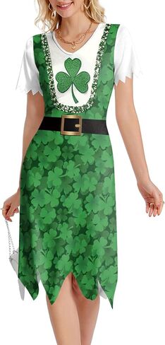 Women St Patricks Day Short Sleeve V Neck Dress Shamrock Printed Ugly Outfits in Saudi Arabia