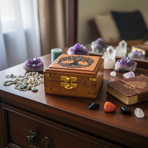 Handmade Wooden Tree of Life Box | Brass Inlay Jewellery & Keepsake Organizer | Rustic Brown Vintage Trinket Box for Tarot, Crystals & Gifts | Sustainable Wood Storage Box (10x10x5.5 cm) in Saudi Arabia