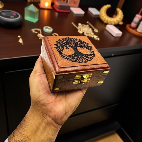 Handmade Wooden Tree of Life Box | Brass Inlay Jewellery & Keepsake Organizer | Rustic Brown Vintage Trinket Box for Tarot, Crystals & Gifts | Sustainable Wood Storage Box (10x10x5.5 cm) in Saudi Arabia