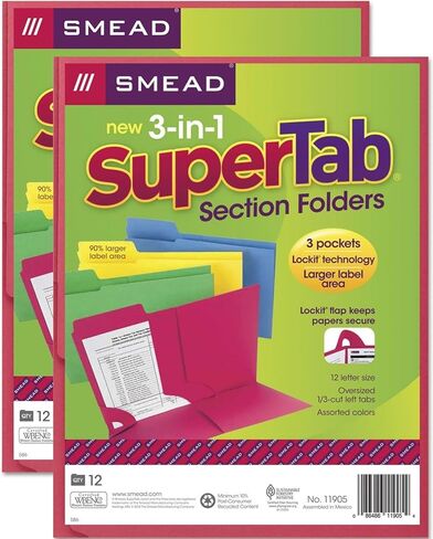 مجلد قسم SuperTab 3 في 1 من Smead، علامة تبويب كبيرة الحجم 1/3 قطع، حجم الحروف، ألوان متنوعة، 24 قطعة (11905) in Saudi Arabia