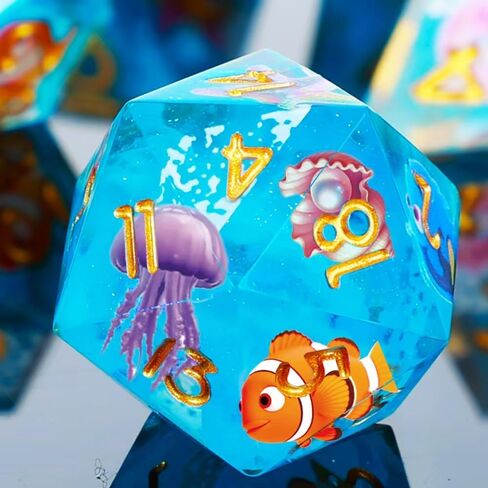 مجموعة نرد DND 7 قطع ذات حافة حادة زرقاء نمط الحياة البحرية من الراتنج نرد متعدد السطوح من الراتنج ذو حافة حادة لعبة لعب الأدوار لعبة RPG MTG (الحياة البحرية - أخضر) in Kuwait