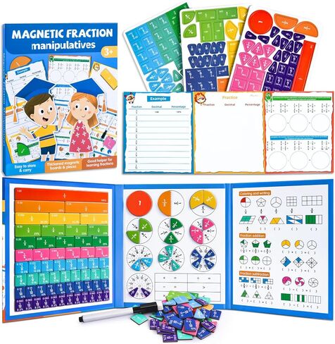 Magnetic Fraction Tiles & Circles Montessori Set for Elementary Kids - Hands-On Math Manipulatives with Activity Book - Learn Fractions, Decimals, Percentages in Saudi Arabia