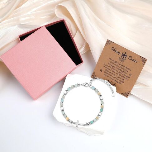 Bozidol Happy Easter Bracelet for Women, Easter Beaded Cross Bracelet with Message Card, Jewelry for Women Spring Faith Gift with Pink Gift Box in Saudi Arabia