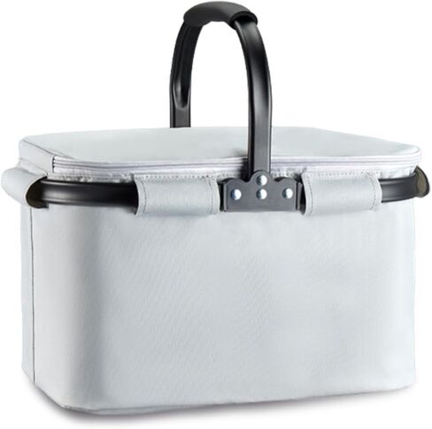Large Insulated Picnic Basket, Collapsible Grocery Bags with Handles, Shopping Handbag for Camping Beach (Light Grey,L35 x W22 x H24 cmL13.8×W8.6×H9.5 in) in Saudi Arabia