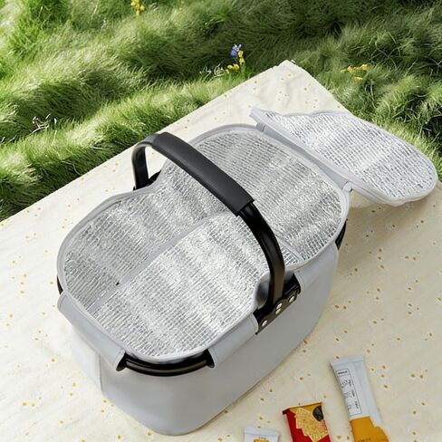 Large Insulated Picnic Basket, Collapsible Grocery Bags with Handles, Shopping Handbag for Camping Beach (Light Grey,L35 x W22 x H24 cmL13.8×W8.6×H9.5 in) in Saudi Arabia
