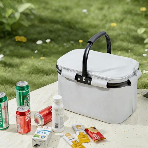 Large Insulated Picnic Basket, Collapsible Grocery Bags with Handles, Shopping Handbag for Camping Beach (Light Grey,L35 x W22 x H24 cmL13.8×W8.6×H9.5 in) in Saudi Arabia
