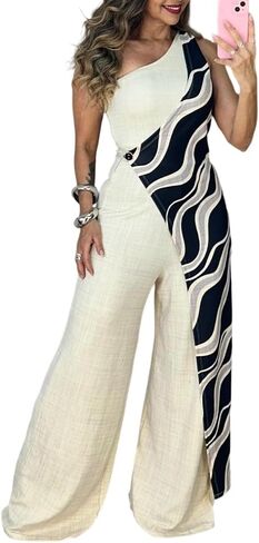 CHICME Jumpsuits for Women Dressy 2026 One Shoulder Printed Wide Leg Romper Casual Vacation Summer Outfits with Pockets in Saudi Arabia