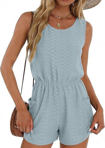 BOMYTAO Womens Sleeveless Romper Eyelet Elastic Waist with Pockets Casual Short Pants Jumpsuit Summer Beach Vacation Outfit in Saudi Arabia