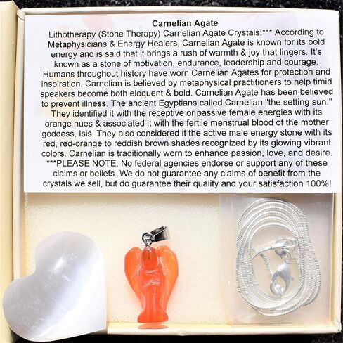Zenergy Gems Selenite Charged Hand Carved Natural Carnelian Agate Crystal Angel Pendant + Selenite Pocket Puffy Heart Charger [Included] in Saudi Arabia