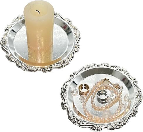 مجموعة حامل شموع عمود مكونة من 2 طبق مجوهرات وحامل حلقي وحامل شموع ولوحة معدنية مزخرفة صينية الغرور لديكور المنزل في حفلات الزفاف (فضي) in Kuwait