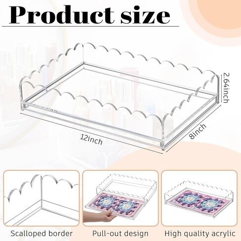 1 Pcs 12" x 8" Acrylic Scalloped Tray Large Clear Acrylic Tray with Drawer for Insert Customizable Photos, Art, and Fabric Scalloped Basket for Needlepoint Napkin Frame Display Messages in Saudi Arabia