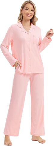 WiWi Women's Pajama Sets 2 Piece Button Down Lounge Set Soft Ribbed Long Sleeve Top and Pants Sleepwear S-XXL in Saudi Arabia