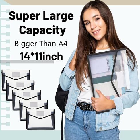 10 Pieces Plastic File Folders Envelope Expanding File Wallet Organizer Documents Folder with Snap Closure and Pocket B4 Waterproof Transparent Pouch for School Office(Black,Horizontal) in Saudi Arabia
