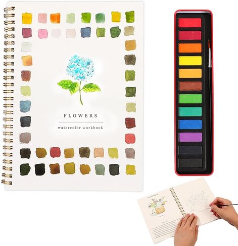 مصنف الألوان المائية، كتاب تلوين مائي، مجموعة طلاء ألوان مائية، مصنفات ألوان مائية مناسبة للمبتدئين، مع مجموعة طلاء ألوان مائية مكونة من 12 لونًا مع فرشاة طلاء، كتاب ألوان مائية للبالغين (زهرة ب) in Kuwait