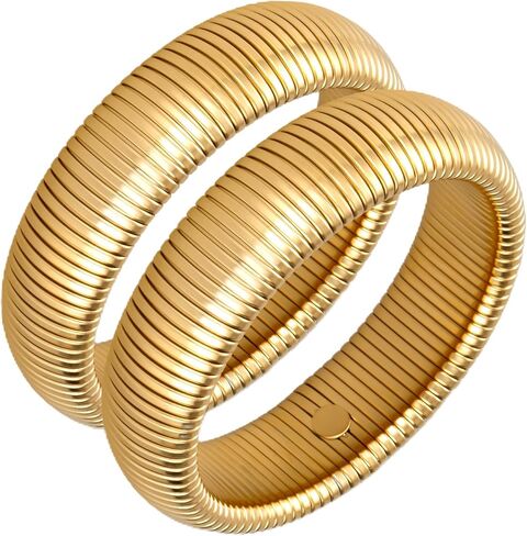 Gold Bangle Bracelets for Women Chunky Stretch Bracelet Set Stackable Bangles 14K Gold Plated Stainless Steel 10mm 16mm 20mm in Saudi Arabia
