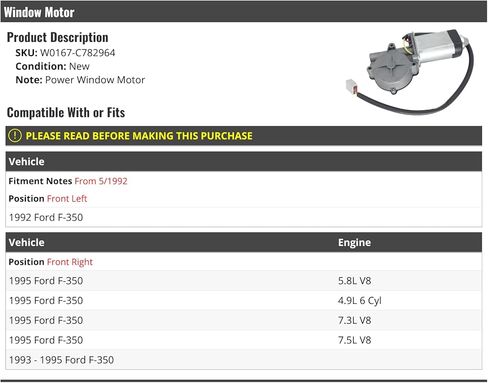 Front Right Passenger Side Window Motor - Compatible with 1993-1995 Ford F-350 in Saudi Arabia