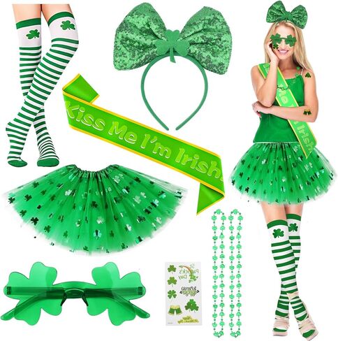 إكسسوارات عيد القديس باتريك، زي Leprechaun للنساء، تنورة باليه من التول والترتر، وعصابة رأس، وقلادة نظارات خضراء، ووشاح أيرلندي، وجورب وشم in Saudi Arabia