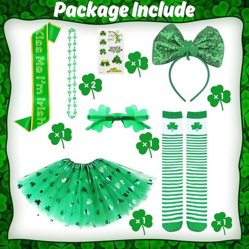 إكسسوارات عيد القديس باتريك، زي Leprechaun للنساء، تنورة باليه من التول والترتر، وعصابة رأس، وقلادة نظارات خضراء، ووشاح أيرلندي، وجورب وشم in Saudi Arabia