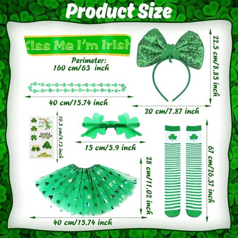 إكسسوارات عيد القديس باتريك، زي Leprechaun للنساء، تنورة باليه من التول والترتر، وعصابة رأس، وقلادة نظارات خضراء، ووشاح أيرلندي، وجورب وشم in Saudi Arabia