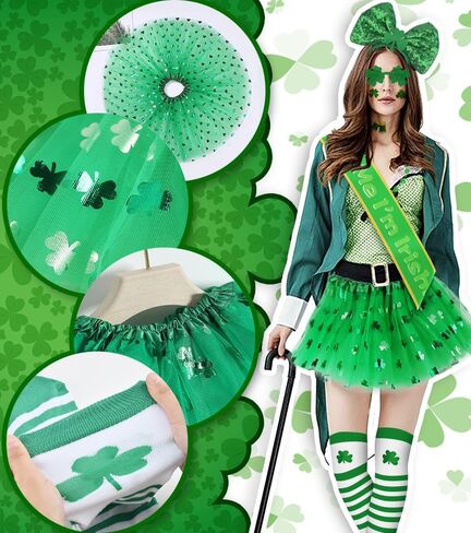 إكسسوارات عيد القديس باتريك، زي Leprechaun للنساء، تنورة باليه من التول والترتر، وعصابة رأس، وقلادة نظارات خضراء، ووشاح أيرلندي، وجورب وشم in Saudi Arabia