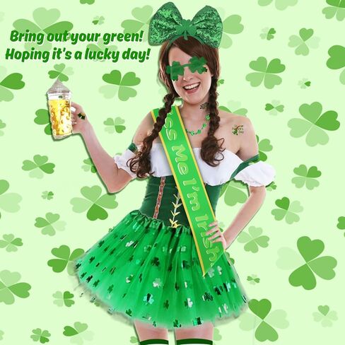 إكسسوارات عيد القديس باتريك، زي Leprechaun للنساء، تنورة باليه من التول والترتر، وعصابة رأس، وقلادة نظارات خضراء، ووشاح أيرلندي، وجورب وشم in Saudi Arabia