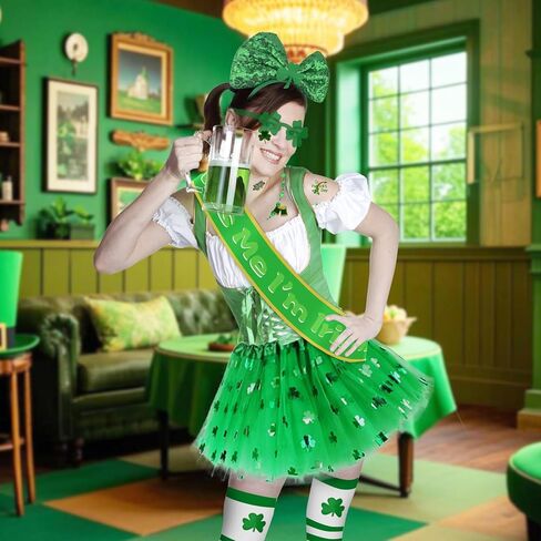 إكسسوارات عيد القديس باتريك، زي Leprechaun للنساء، تنورة باليه من التول والترتر، وعصابة رأس، وقلادة نظارات خضراء، ووشاح أيرلندي، وجورب وشم in Saudi Arabia