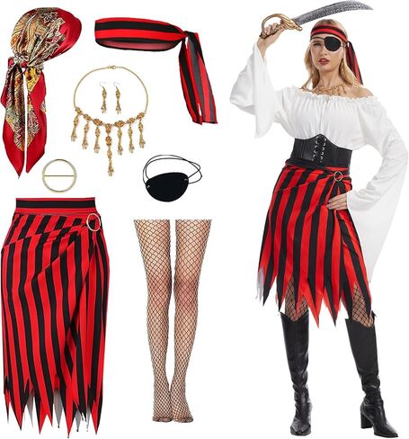 Women Pirate Costume Adult Pirate Skirt Set with Head Scarf Eye Patch Skeleton Necklace for Halloween Cosplay in Saudi Arabia