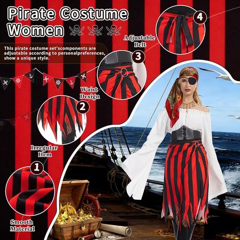 Women Pirate Costume Adult Pirate Skirt Set with Head Scarf Eye Patch Skeleton Necklace for Halloween Cosplay in Saudi Arabia