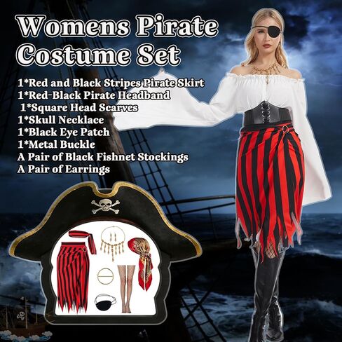 Women Pirate Costume Adult Pirate Skirt Set with Head Scarf Eye Patch Skeleton Necklace for Halloween Cosplay in Saudi Arabia