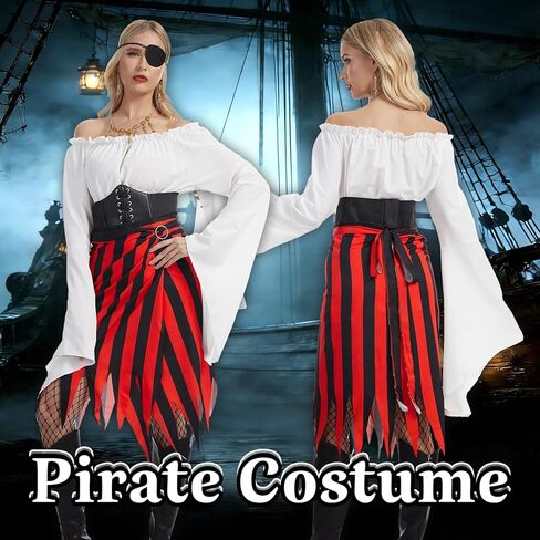 Women Pirate Costume Adult Pirate Skirt Set with Head Scarf Eye Patch Skeleton Necklace for Halloween Cosplay in Saudi Arabia