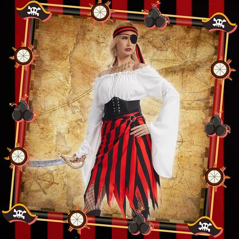 Women Pirate Costume Adult Pirate Skirt Set with Head Scarf Eye Patch Skeleton Necklace for Halloween Cosplay in Saudi Arabia