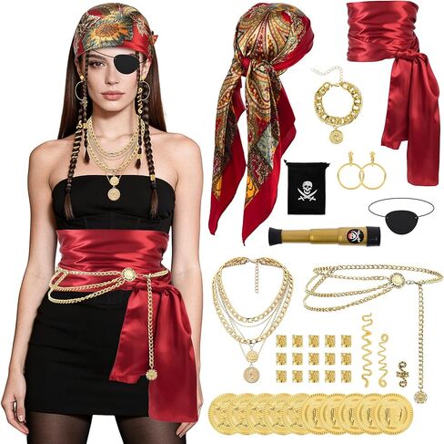 38PCS Pirate Accessories for Women - Captain Costume Set with Telescope, Gold Coins, Jewelry, Sash, Bandana & Eye Patch - Complete Halloween Cosplay Dress Up Kit for Ladies in Saudi Arabia