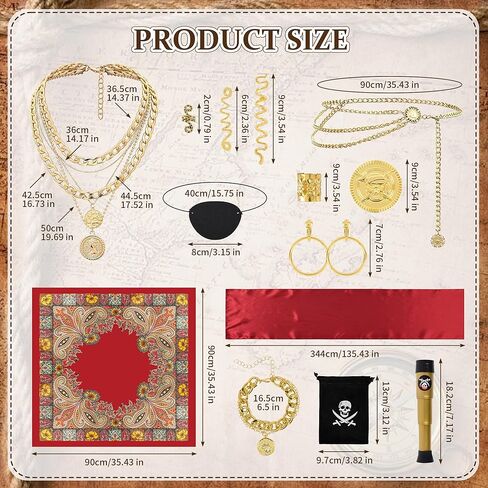38PCS Pirate Accessories for Women - Captain Costume Set with Telescope, Gold Coins, Jewelry, Sash, Bandana & Eye Patch - Complete Halloween Cosplay Dress Up Kit for Ladies in Saudi Arabia